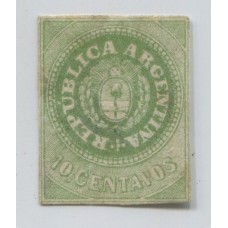 ARGENTINA 1862 GJ 08A ESCUDITO 10 Cts. ESTAMPILLA NUEVA CON SUS CUATRO MARGENES COLOR VERDE OLIVA RARA U$ 385